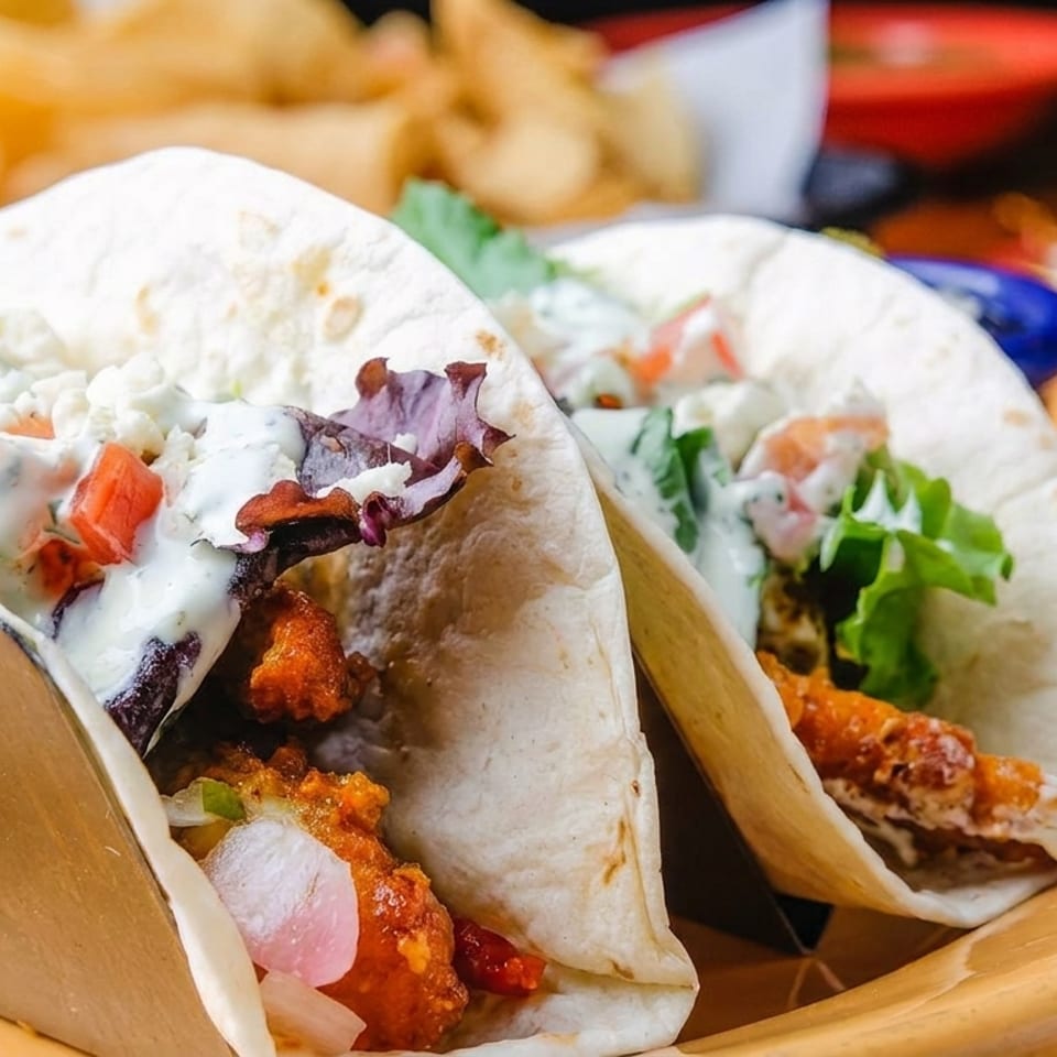 Two soft tacos filled with fried chicken, lettuce, tomatoes, and white sauce on a yellow plate.