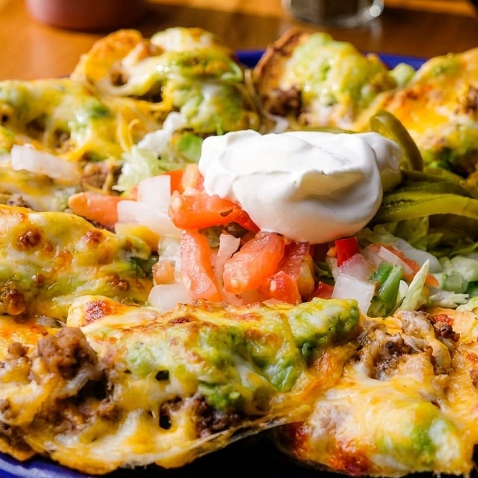 Loaded nachos with melted cheese, ground beef, guacamole, sour cream, diced tomatoes, and jalapeños.