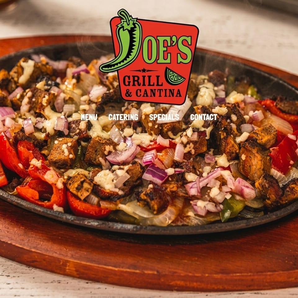 Sizzling fajitas with chicken, peppers, onions, and cheese in a cast iron skillet on a wooden board.